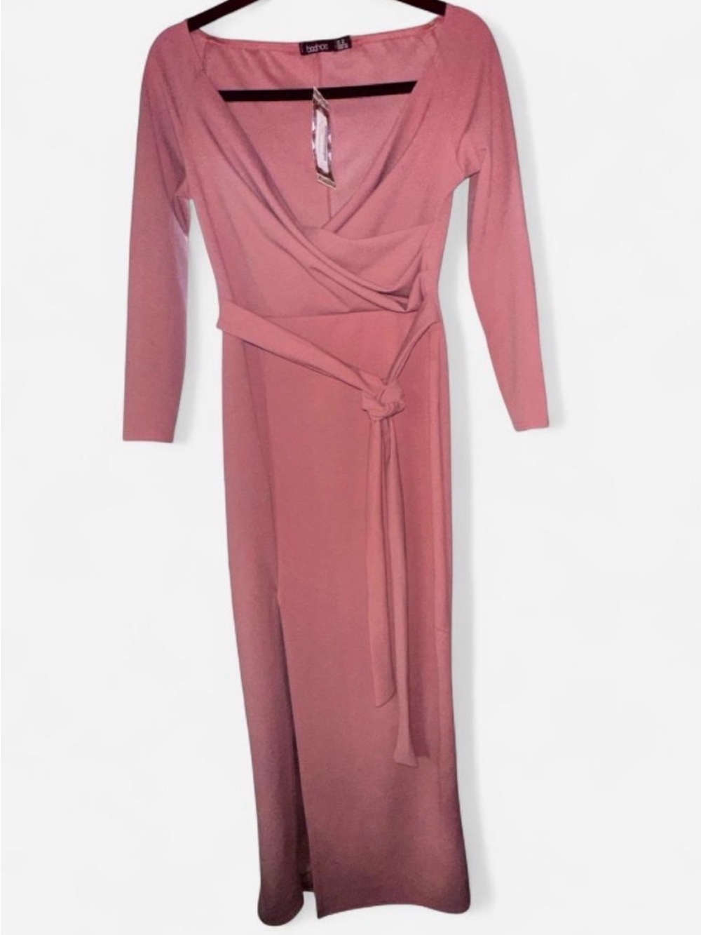 Boohoo Dusty Rose Wrap Maxi Dress with Tie Waist
